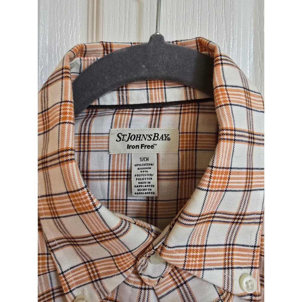St Johns Bay Mens Orange White Plaid Short Sleeve Iron Free Button Shirt S /0524 - Picture 3 of 3